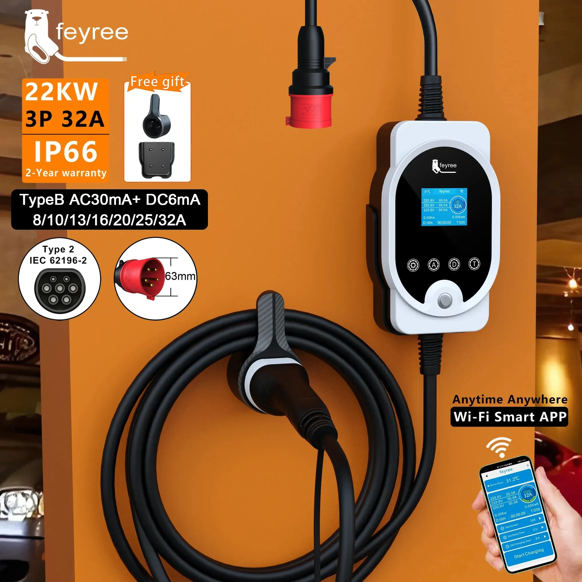 Ev Charging Cable Type 2 32A - Зарядная станция Feyree 22 кВт Type2: