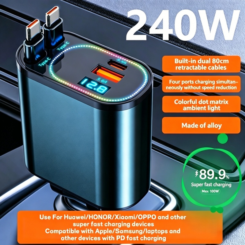 Ev Charger Adapter Type 2 To Type 1 - Выдвижное автомобильное зарядное устройство 4-в-1 с