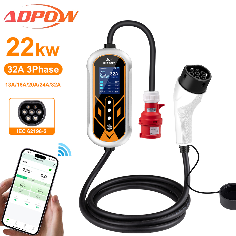 ADPOW Портативные 32A Type2 За – обзор и цена Ev Charging Cable 5M 22Kw