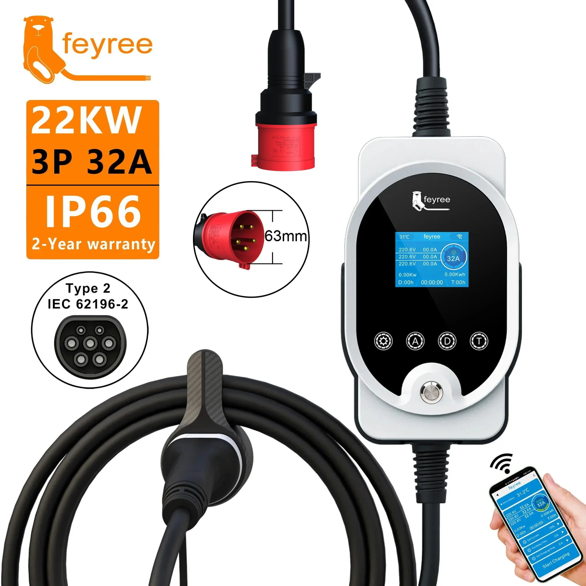 Зарядная станция Feyree 22 кВт – обзор и цена Ev Charging Cable Type 2 32A