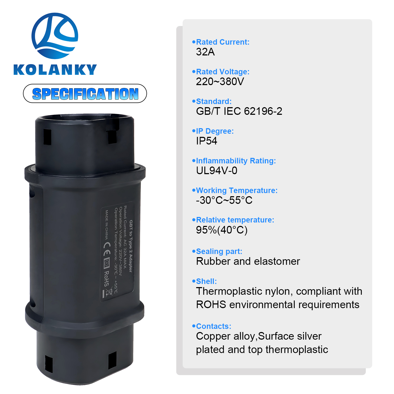 Зарядный адаптер Kolanky 32A 2 – обзор и цена Ev Charger Adapter Type 2 To Type 1